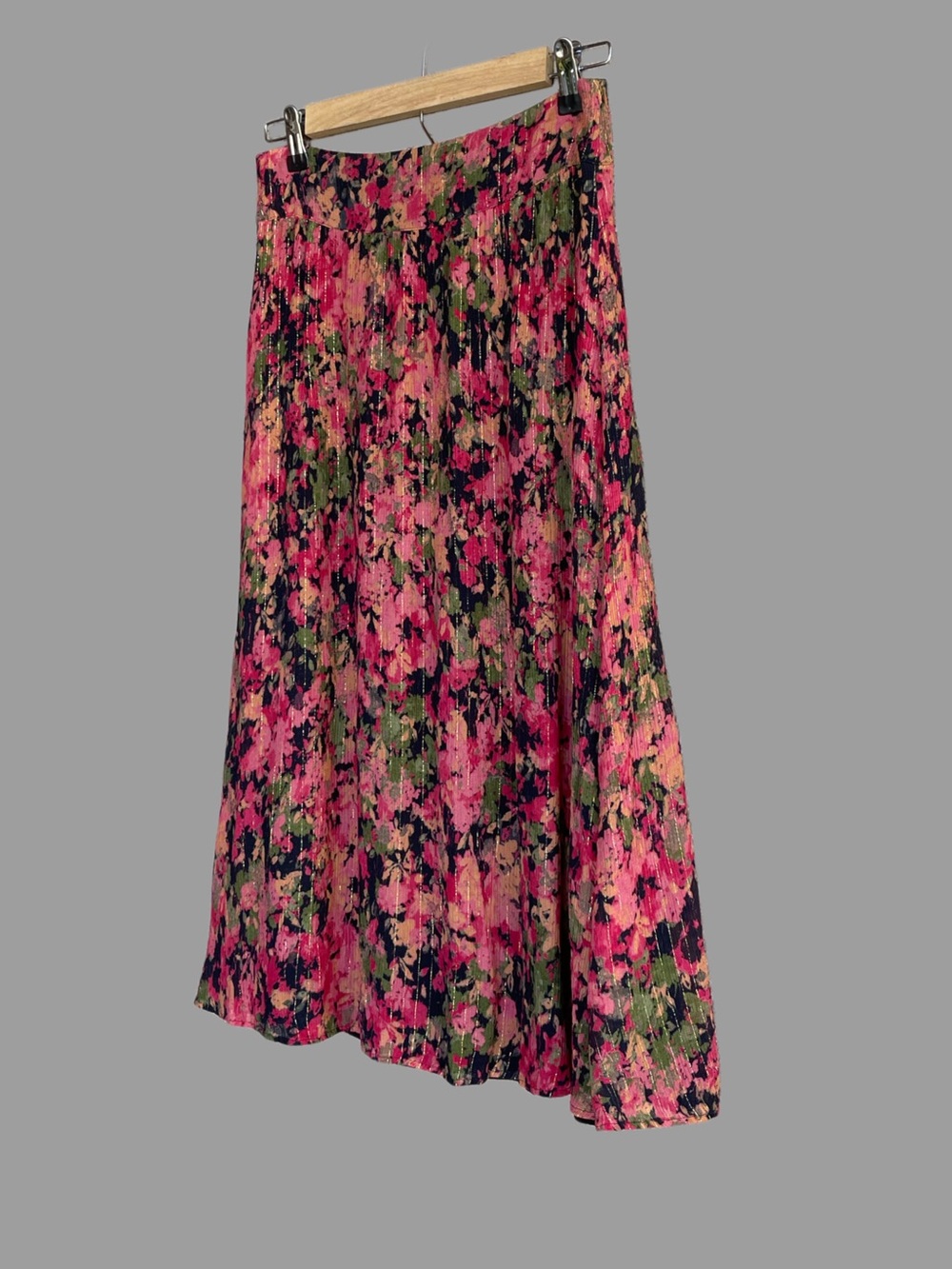 SEZANE Pink Black & Green Metallic Floral Printed Flowy Midi Skirt Maria Skirt